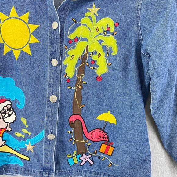 Vintage Tantrums Denim Jacket‎ XL Embroidered Christmas Santa Flamingo Palm Tree - Picture 4 of 7